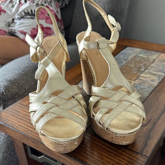 Brash Gold Strappy Wedge Sandals - Picture 1 of 3